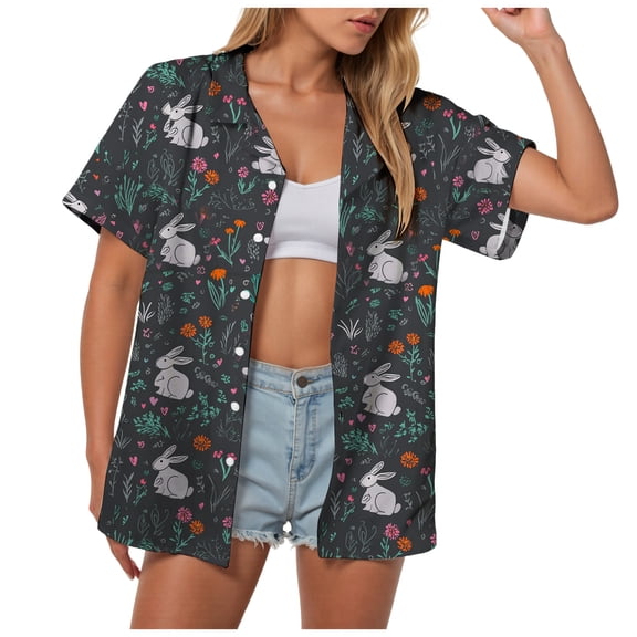 larppty Women's Easter Bunny & Eggs Print Short Sleeve Button Down Shirt Floral Heart Hawaiian Camp Shirt for Beach Vacation Party Top(Light Gray, XXXXL)