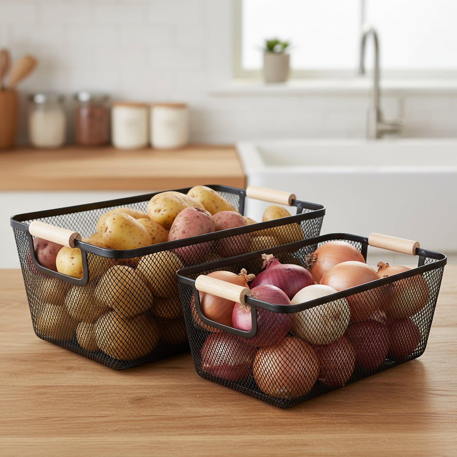 Pethiy 2-Pack Large Capacity Potato Onion Storage Container, Metal Storage Basket with Ventilated Design, Vegetable Storage Organizer Bin - Black