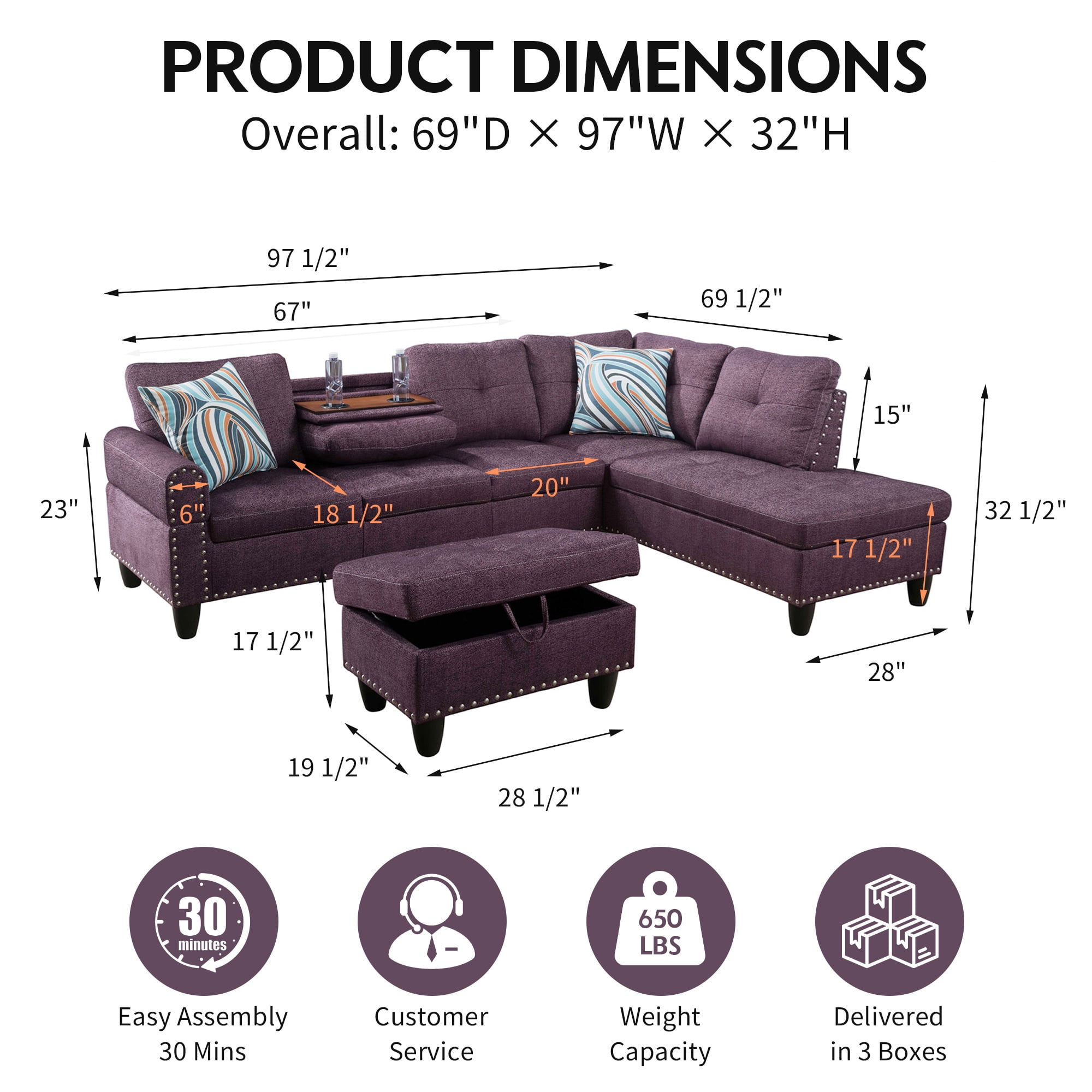 Aukfa 3 Piece Sectional Sofa, Living Room Couch with Storage Ottoman&Cup Holder, Linen, Right Hand, Purple