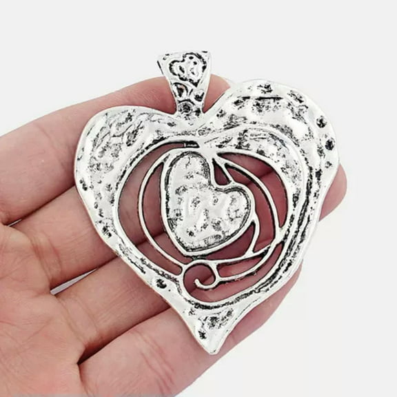 GKNET 2/5x Large Antique Silver Open Hammered Heart Charms Pendants Necklace Making-2 Pieces