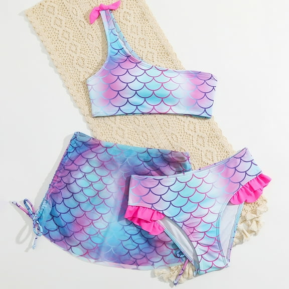 URMAGIC Child Big Girls 3PCS Butterfly Swimsuits Flounce Crop Bikini Set with Cover Up Beach Skirt