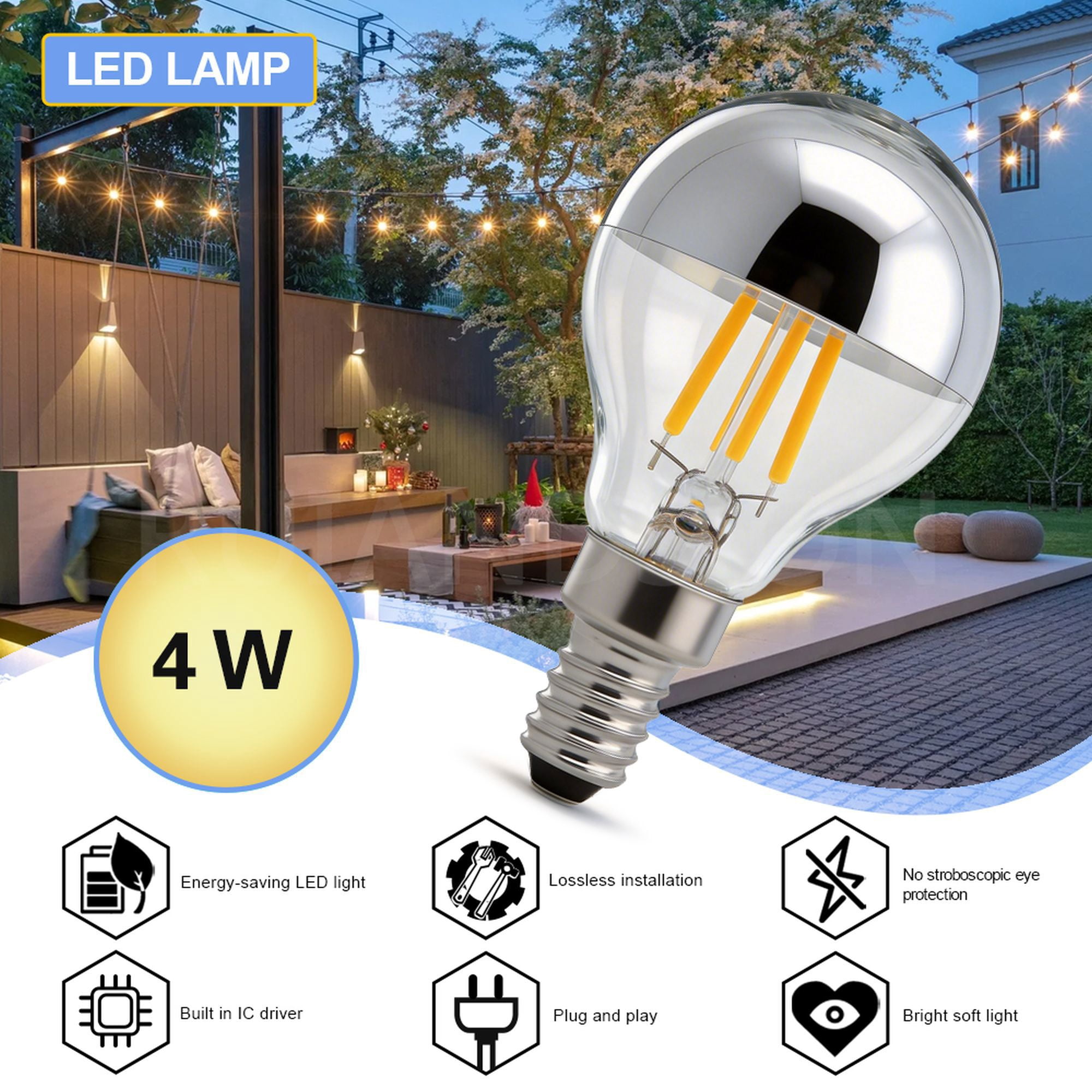 Ruiandsion 8-Pack E12 Retro LED Bulbs, 4W 110-130V AC 400LM Warm Amber 2700K,Replacement for Bistro String Light Industrial Exposed Fixture