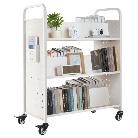 VEVOR Rolling Library Book Cart, 330 lbs Capacity, 38.2 x 20.3 x 48.2-Inch Library Cart, Double Sided W-Shaped Shelves with 3-Inch Lockable Wheels,Book Truck for Home Shelves Office and School,White