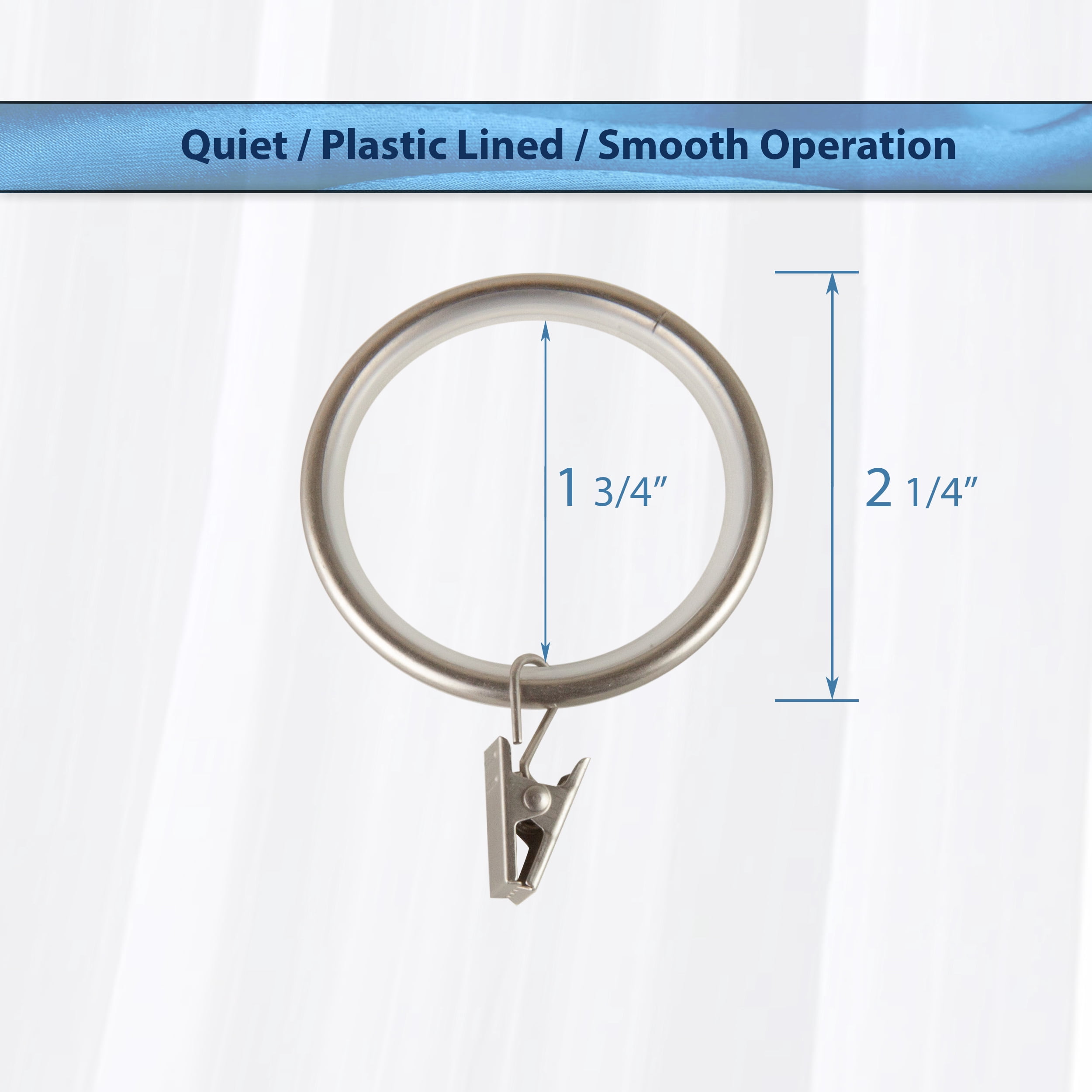PlusCasa Noise-Canceling 1-3/4 inch Satin Nickel Curtain Rings with Clips (10 Count)