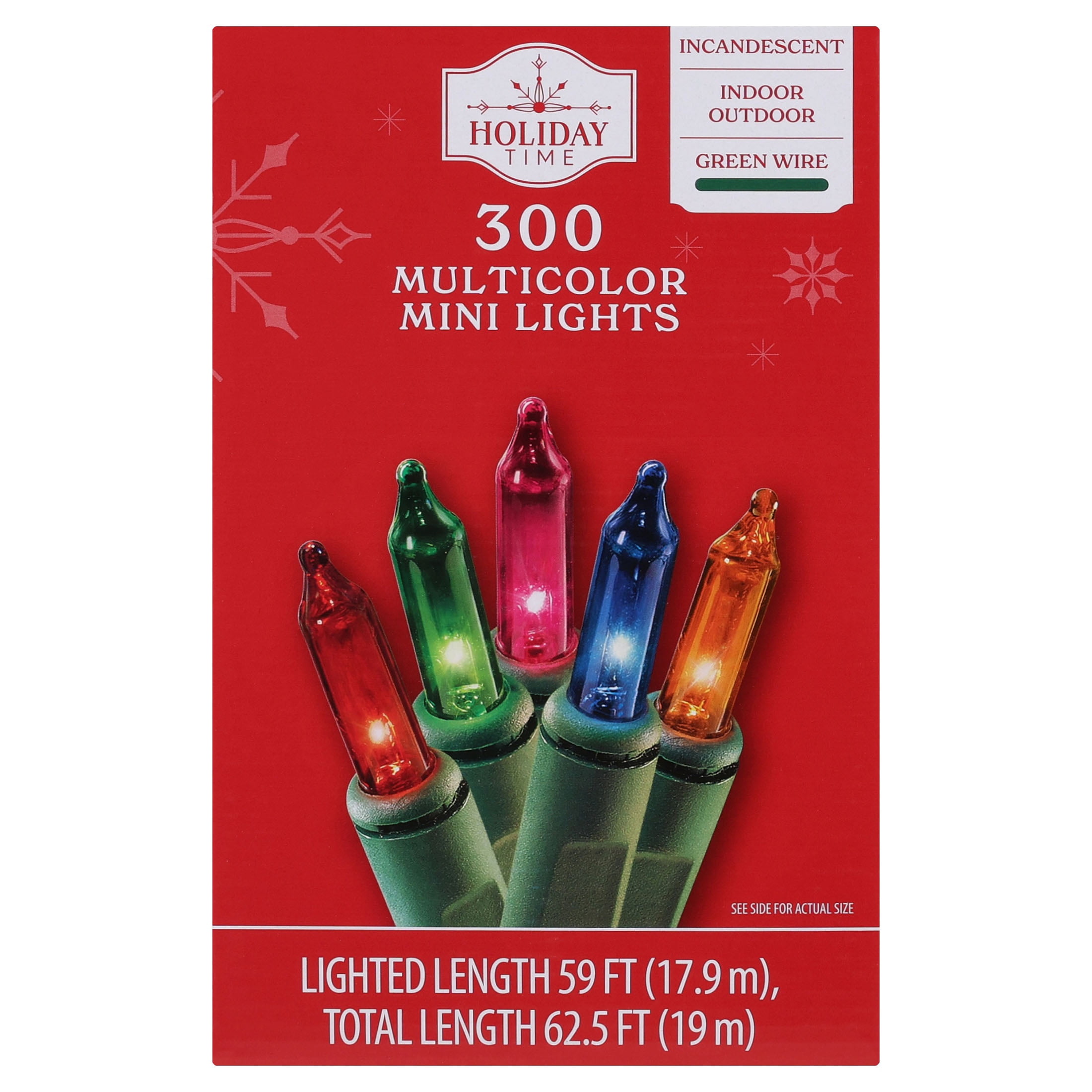 Indoor/Outdoor 300-Count Incandescent Mini Christmas String Lights, Multicolor, Green Wire, 59', by Holiday Time