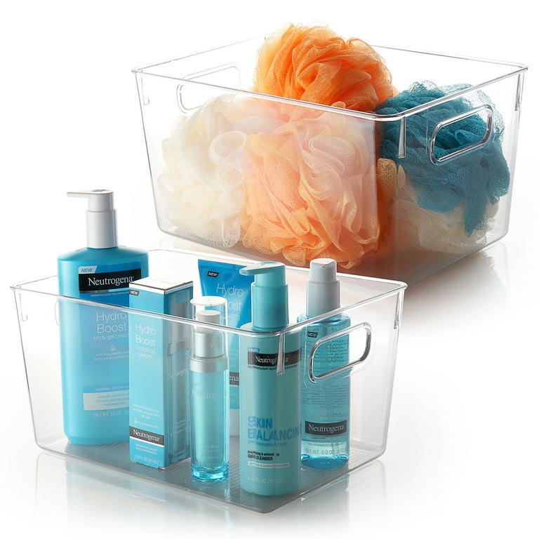 Eatex 2 Pack Clear Plastic Bathroom Vanity Storage Bin with Handles - Container Organizer for Soaps, Shampoos, Conditioners, Cosmetics, Hand Towels