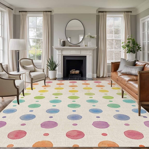 Rectangle Area Rugs 5 x 7 Ft, Colorful Polka Dot Non-Slip Residential Carpet, Cartoon Watercolor Geometric Beige Indoor Crawling Mats Runner Rugs for Living Room/Dining Room/Bedroom