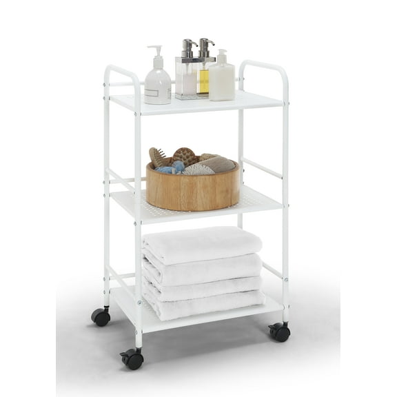 SunnyPoint 3-Tier Rolling Utility Storage Cart – Metal, Minimalist Design, Mobile Organizer for Kitchen, Office & Home – White