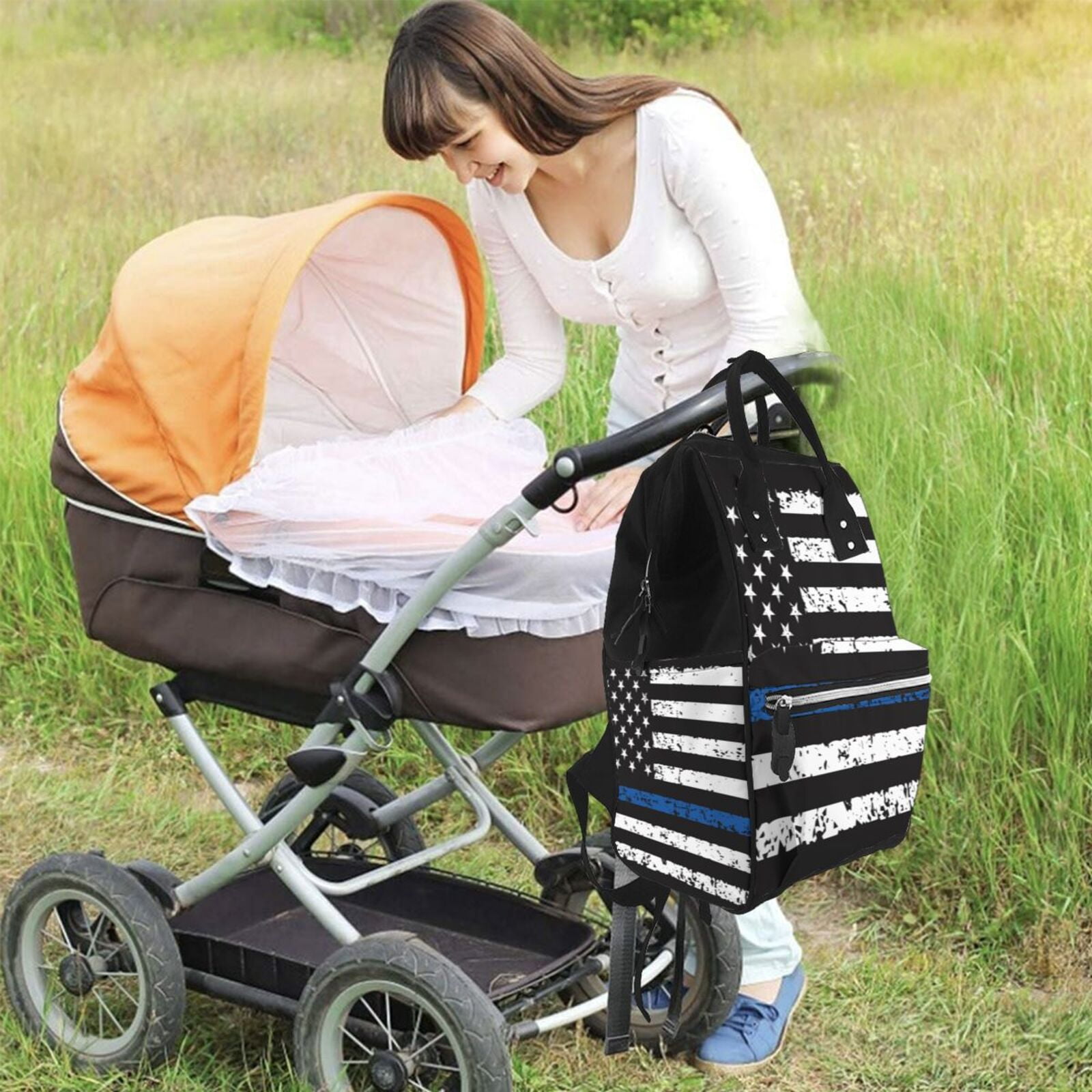 Ratiio Thin Blue Line Flag Mummy Backpack - Waterproof Twill Canvas, Large Capacity Diaper Bag with Multiple Pockets and Adjustable Straps