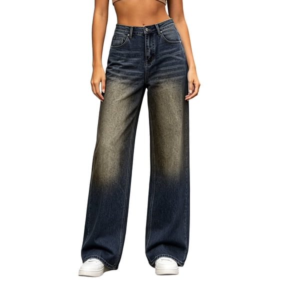 VALSEEL Womens Jeans High Waist Wide Leg Jeans with Pockets Straight Stretch Zip‑Fly Wrinkle Resistant For Daily Casual Wear Blue