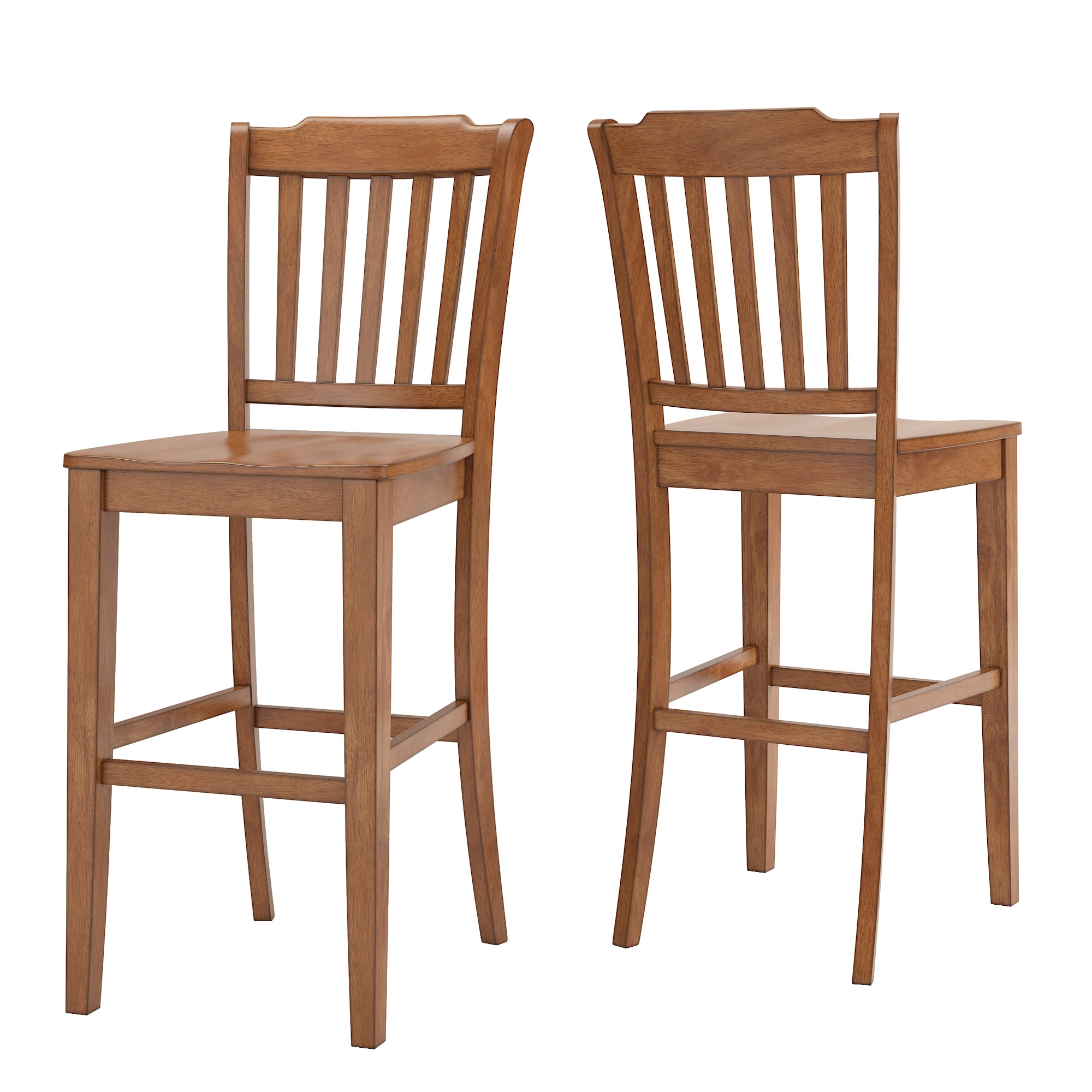 Weston Home Farmhouse Slat Back 29" Wood Bar Stool, Set of 2, Oak