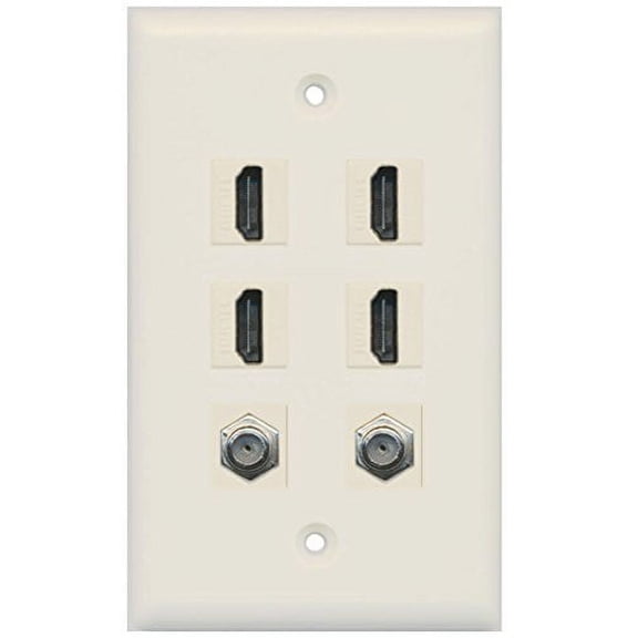 RiteAV - 4 Port HDMI 2 Port Coax Cable TV- F-Type Wall Plate - Light Almond