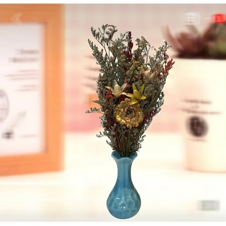 Ceramic Vase With Flowers Handmade Dry Flowers with Ceramic Vase (Blue Vase);Product Size: 11.5 x 4.5 x2.25 (vase size: 4.25 x 2.25x2.25). Home Office Wedding Event Party decor ()