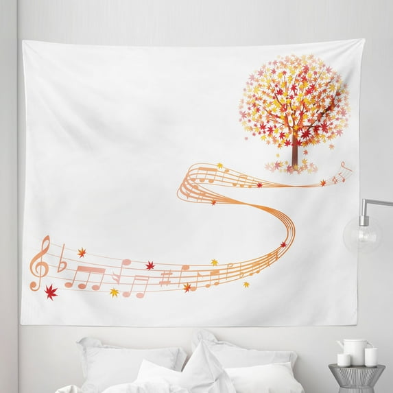 Autumn Tapestry, Maple Tree in the September with Swirled Music Sheet and Notes Warm Colored Design, Fabric Wall Hanging Decor for Bedroom Living Room Dorm, 5 Sizes, Multicolor, by Ambesonne