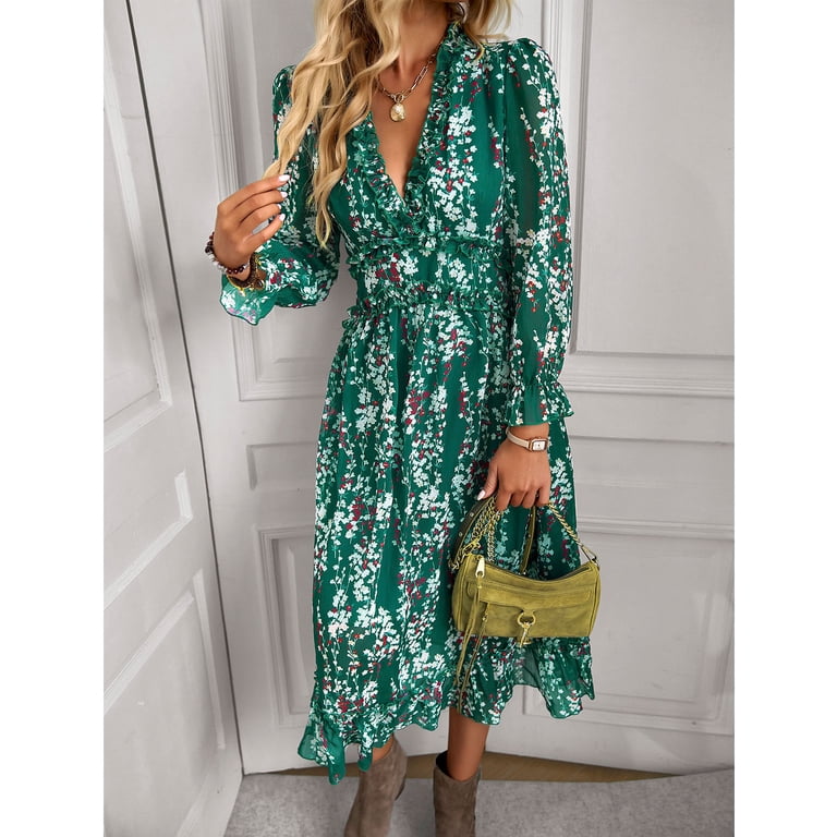 OUSIMEN Women's Casual Long Sleeve V Neck Loose Floral Dress Long Dresses  Swing Dress for Women - Walmart.com