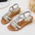 thumbnail image 5 of Xfvqtps Womens Wedge Sandals Elastic Rhinestone Weave Straps Open Toe Low Heel Soft Sole Non Slip Lightweight Summer Sandals Silver, 5 of 8