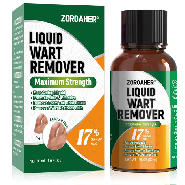 líquido eliminador de verrugas zoroaher con 17% de ácido salicílico, 30 ml — Vista frontal del frasco ámbar con tapa negra junto a su caja verde y blanca; etiqueta muestra “LIQUID WART REMOVER” y “17% Salicylic Acid”, volumen NET WT 1 FL OZ (30 ml) y presentación líquida según empaque.