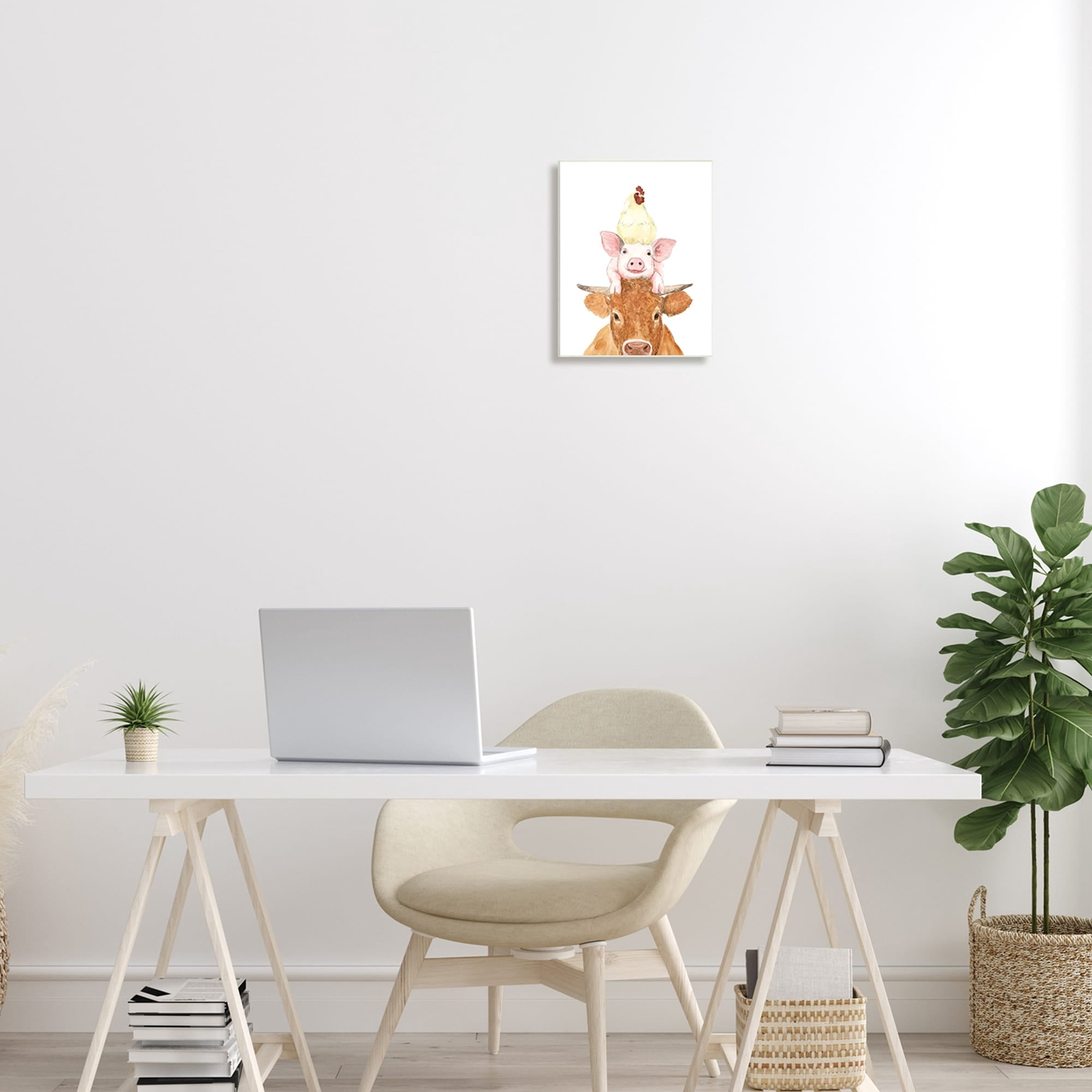 Stupell Industries Farm Animals Stacked Cute Illustration Cow Hen Pig Wood Wall Art, 13 x 19, Design by White Ladder