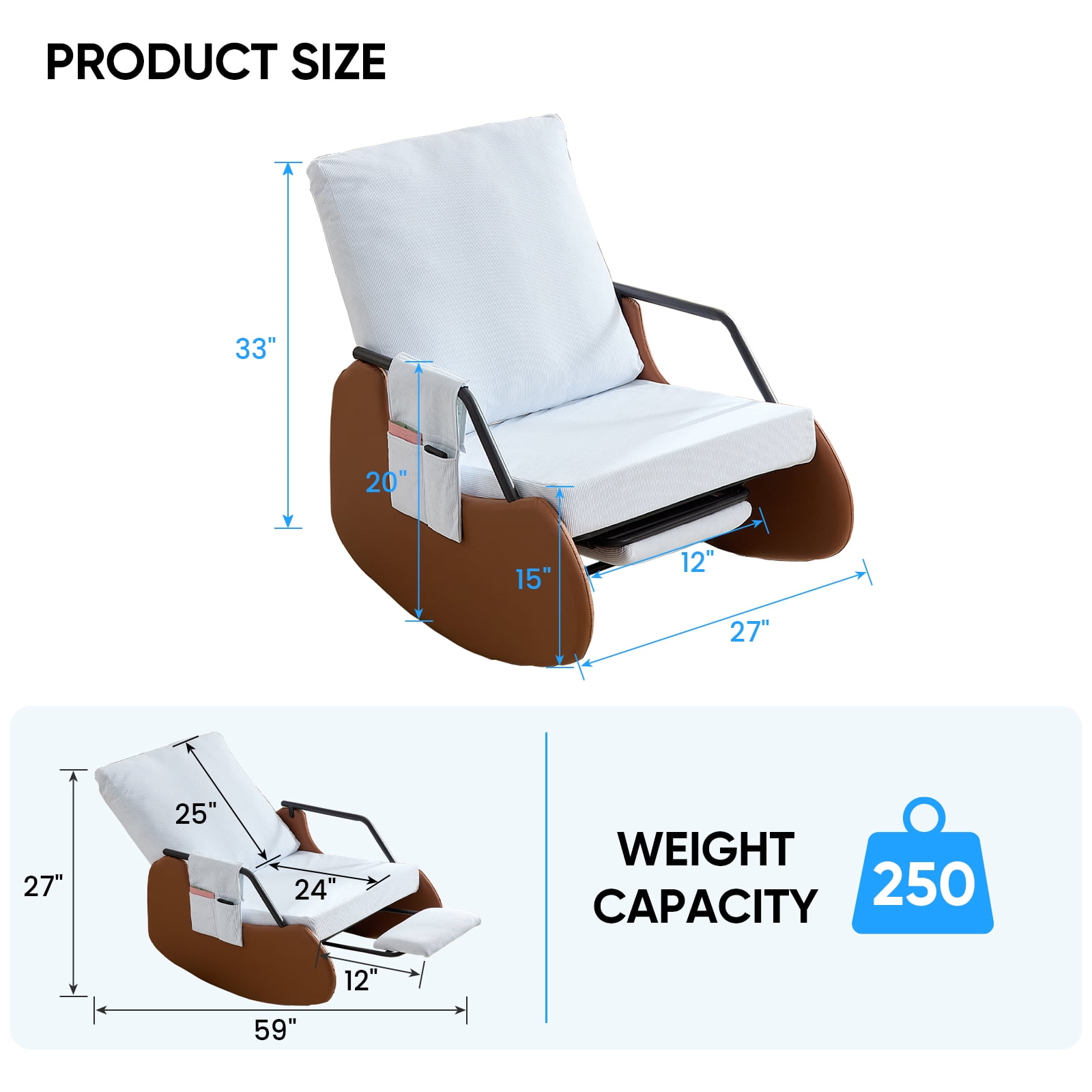BALUS Rocking Chair, Corduroy Nursery Recliner with Adjustable Backrest & Footrest, Side Pockets, Modern Living Room Seating Space-Saving Design, Beige