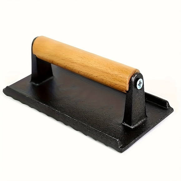 Cast Iron Meat Press Plate with Heat-Resistant Wood Handle, Non-Stick Grilling Press for Meats, Sandwiches & Outdoor BBQ