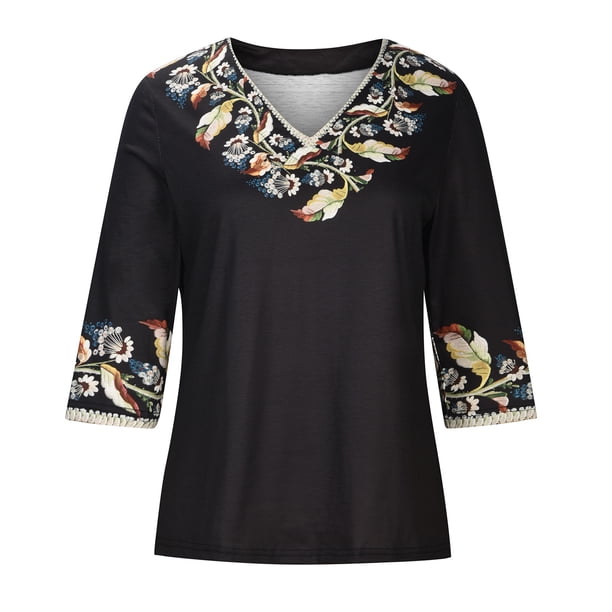 Moda mujer Casual impreso cuello en V 1/2 manga suelta camiseta verano blusa pulóver Tops Pompotops hkajfhjk472148