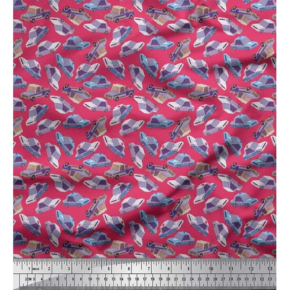 Soimoi Modal Satin Fabric Car Transport Print Fabric by The Yard 42 Inch Wide