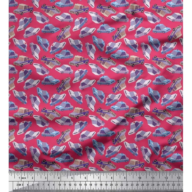 Soimoi Polyester Crepe Fabric Car Transport Print Fabric by The Yard 42 Inch Wide