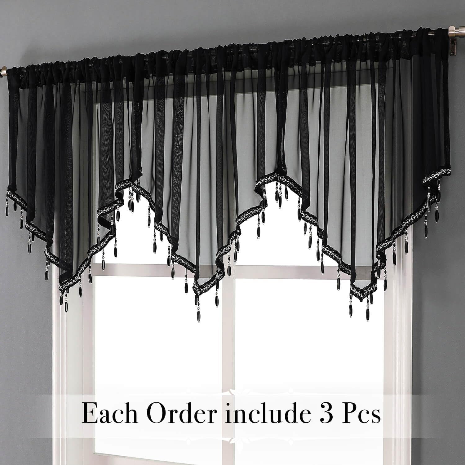 Kiibsot 3-Pack Halloween Beaded Sheer Valance Curtains for Windows, Triangle Sheer Voile Kitchen Swag Curtain Valances Boho Bead Tassels Window Valances for Bedroom Living Room, Each 51 x 24 Inch