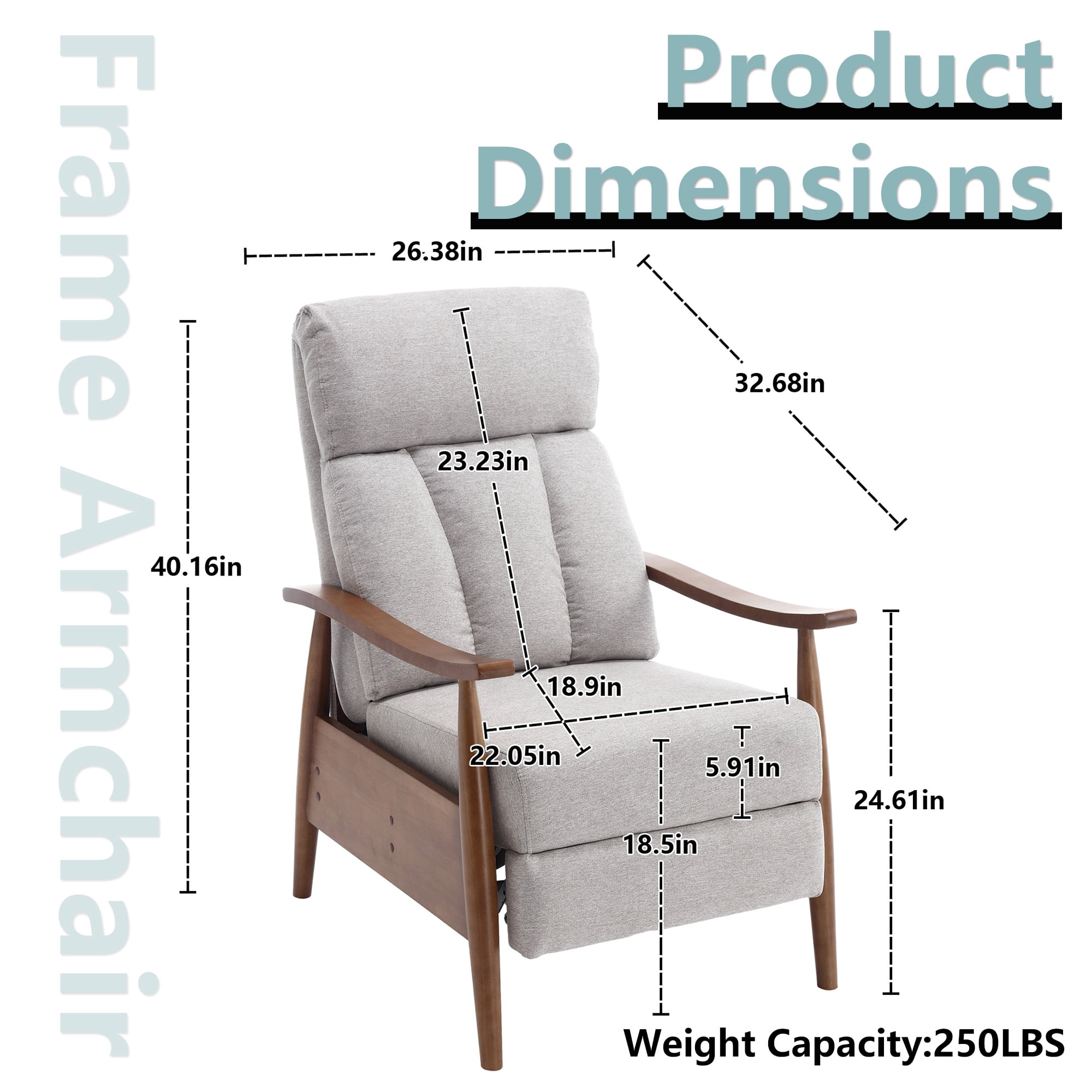 MOONMISS Linen Upholstered Wood Frame Adjustable Recliner Lounge Armchair for Living Room-Light Gray