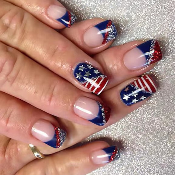 4th of July Glues on Nails Short Square Fake Nails Independence Day French Tip Press on Nails Artificial Acrylic Nails