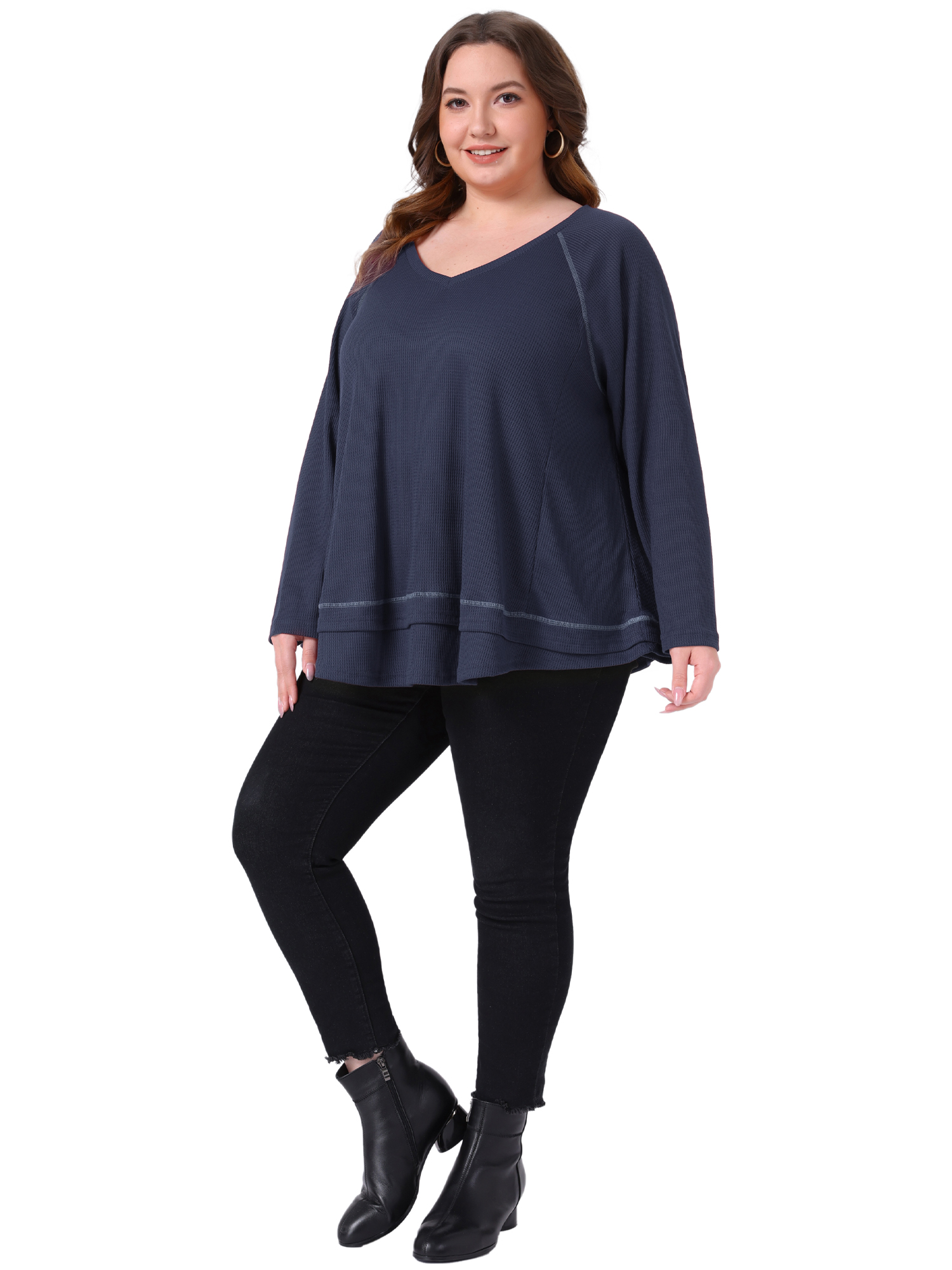 DARING DIVA Women's Plus Size Waffle Knitted V Neck Patchwork Hem Sweater 4X Navy Blue