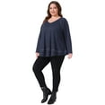 thumbnail image 3 of DARING DIVA Women's Plus Size Waffle Knitted V Neck Patchwork Hem Sweater 1X Navy Blue, 3 of 7