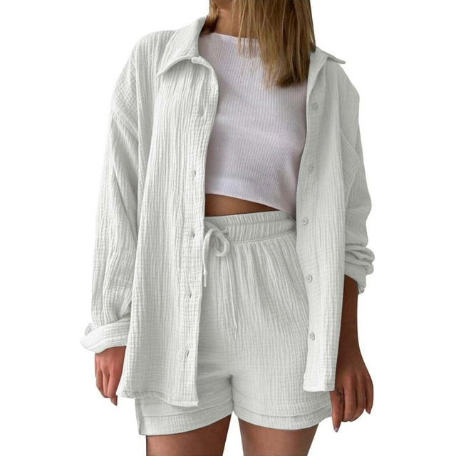 Daznico Women's Casual Solid Color Button Down Slit Long Sleeve Pocket Shirt High Waist Drawstring Shorts Set,Size XXL