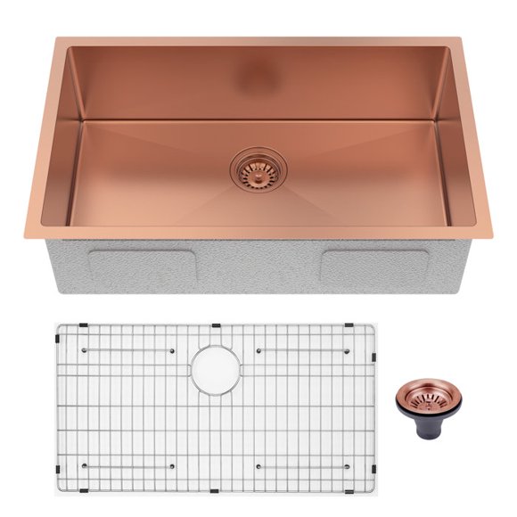 HIGOLD Évier de Cuisine 30 Pouces Bol Unique, Évier Nano en Acier Inoxydable, Or Rose 30"X18"X10 Pouces