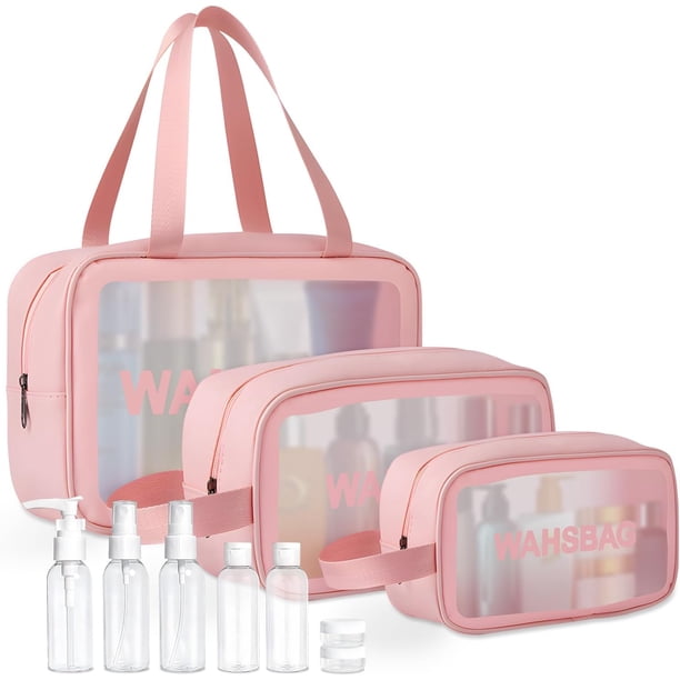 Bolsa de Tocador, bolsa de maquillaje impermeable, 3pk cosmetiquera transparente con 7 botellas de viaje, Bolsa de Baño para Viaje, para viajes, natación, fitness, almacenamiento en el hogar, Rosa