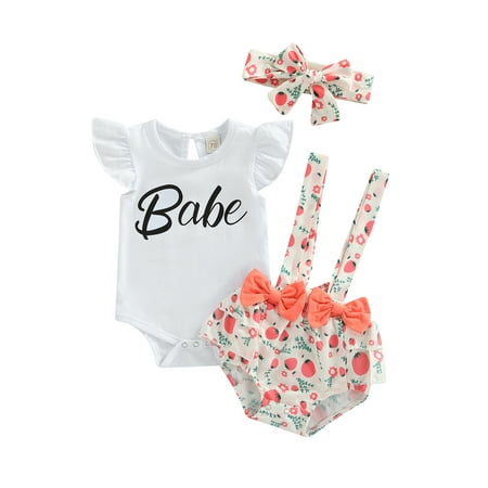 

Gupgi Newborn Baby Girl Outfit Sets Ruffle Babe Printed Short Sleeve Romper Suspender Shorts