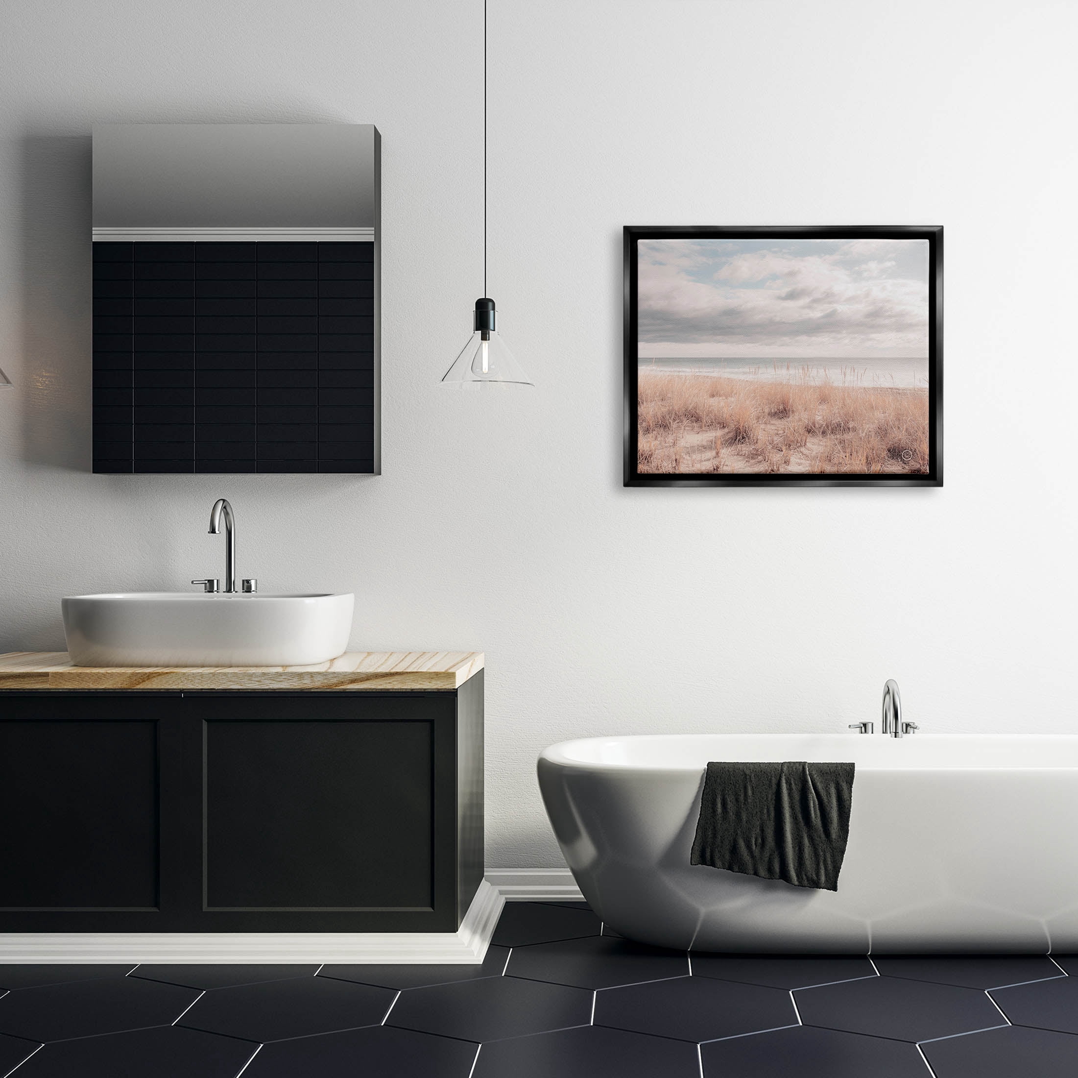 Stupell Industries Grassy Ocean Shore Horizon Photograph Jet Black Floating Framed Canvas Print Wall Art, Design by Nathan Larson