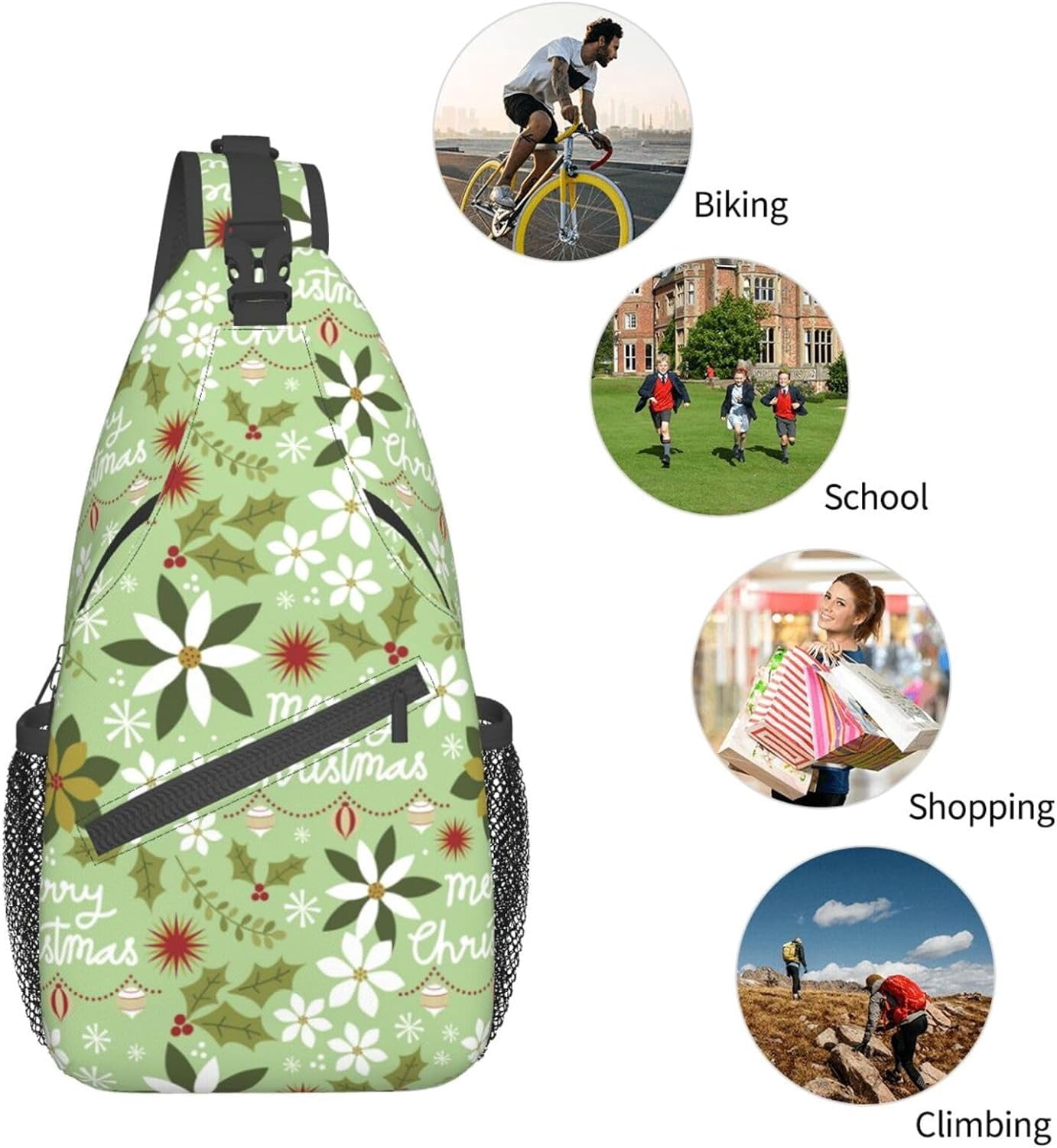 Blooming Red Christmas Flower Poinsettia Pattern Sling Bag Crossbody Hiking Travel Chest Bags Backpack Shoulder Daypack for Women Men