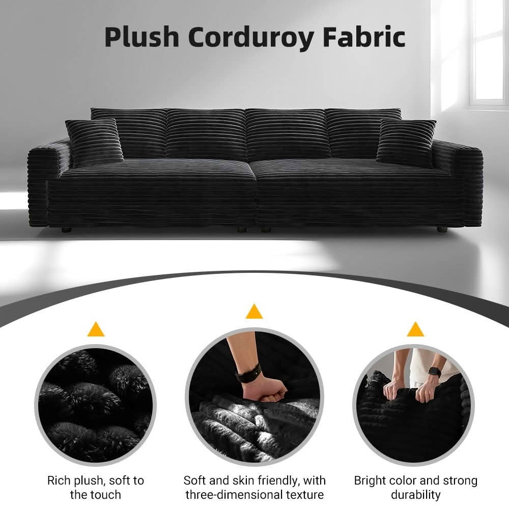 MAYEERTY 102.4" Plush Corduroy 4-Seat Cloud Sofa, Modern Comfy Upholstered Deep Seat Couch with Soft Pillows & Movable Ottoman, Convertible Sofa Lounge Chair for Living Room