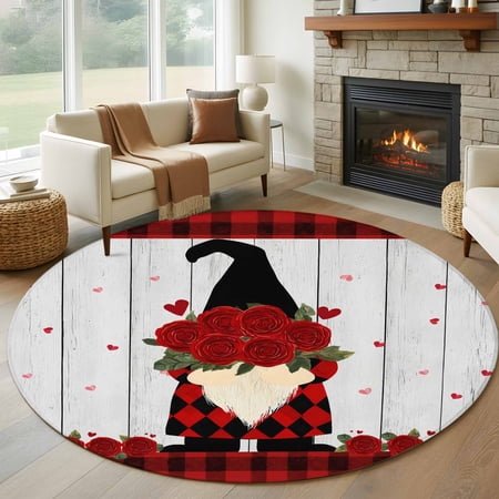 Round Rugs 6Ft Red Valentine s Day Round Area Rug Washable Indoor Throw Carpet Roses Gnomes Love Heart Plaid Vintage Soft Non Slip Circle Rug for Office Cabinet Home Decor Aesthetic