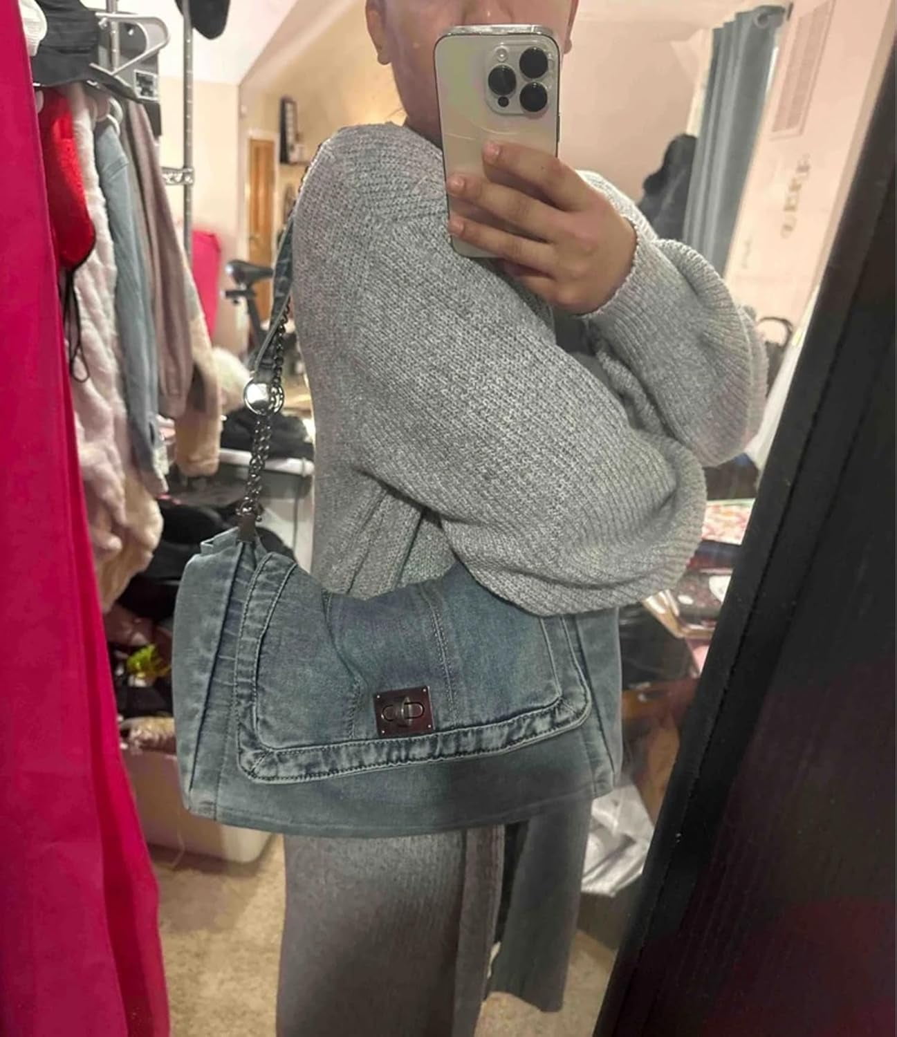 Denim Tote Bag for Women Fashion Adjustable Chain Shoulder Handbag Crossbody Bag Retro Zipper Hobo Purse