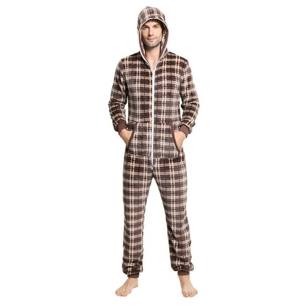 

Pajamas for Women KKCXFJX Men s Flannel Plaid Hooded One-piece Home Wear Pajamas