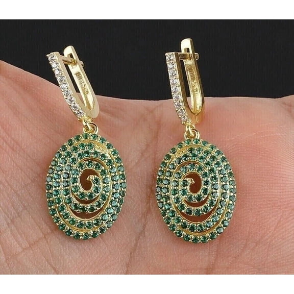 2Ct Round Cut Simulated Green Emerald 14K Yellow Gold Plated Women's Drop/Dangle Earrings