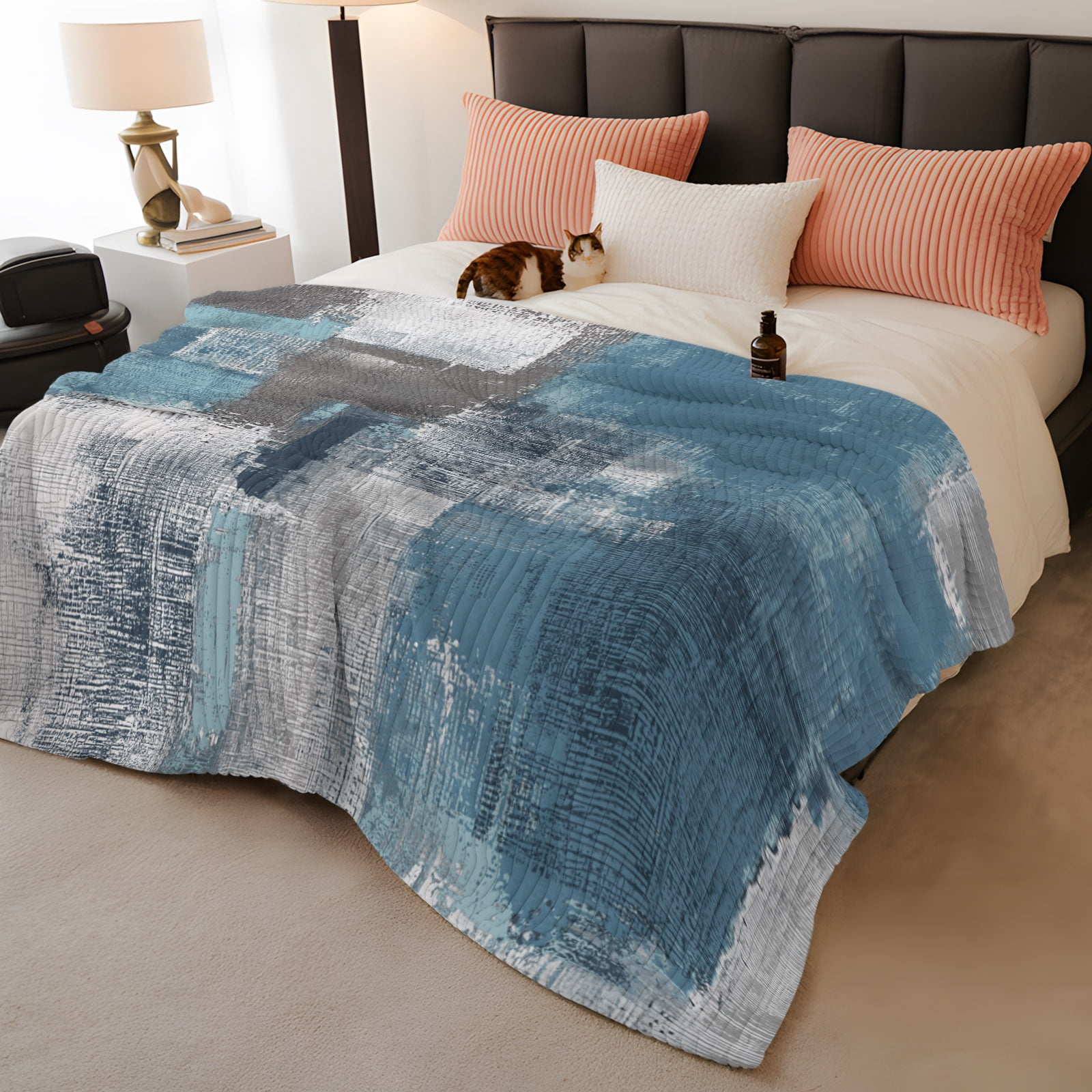 Abstract Oil Painting Throw Blanket for Couch Square Blue Smear Soft and Warm Flannel 3D Striped Fluffy Fuzzy Fleece Blanket Lightweight Throw for Bed, Sofa 50 x 60 Inches