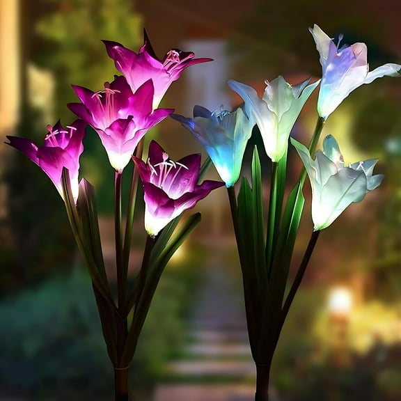 Solar Garden Lights Outdoor, 4 Pack Lily Flower Lights with Larger Panel, Waterproof 7-Color Changing Decorative Lights for Yard, Patio, Pathway, Landscape – Gift for Mom or Garden Lovers