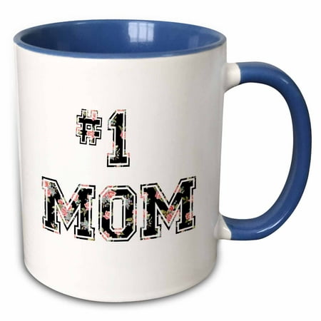 3dRose #1 Mom - Number One Mom in black and pink floral print for worlds greatest and best Mothers day - Two Tone Blue Mug,