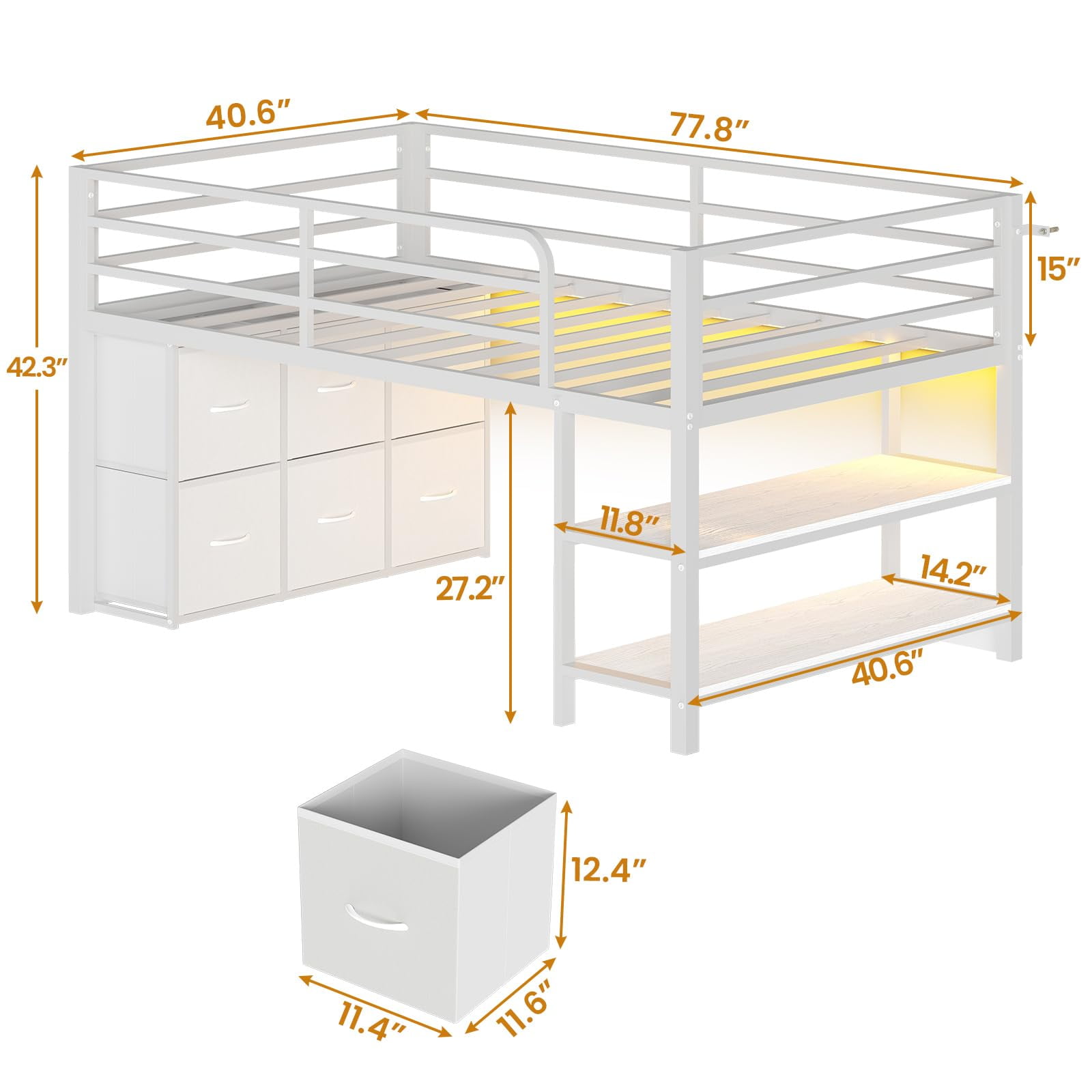 Twin Size Loft Bed with 6 Fabric Drawers and Storage Shelves, with LED Lights,Modern Low Loft Bed,No Box Spring Needed,Sturdy ,White / Black /Pink