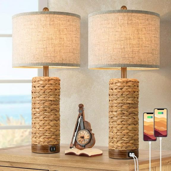 Nordic Hygge Set of 2 Rattan Table Lamps, No Bulb