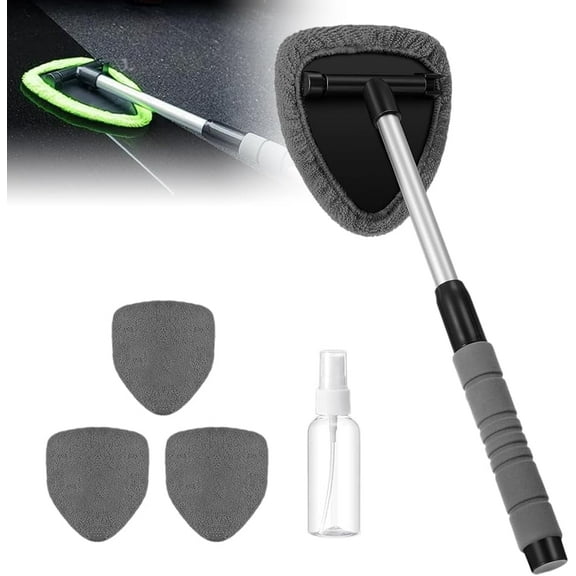Microfiber Car Windshield Cleaner Tool,2025 Upgrade Car Window Cleaner Windshield Cleaner Inside Glass Wiper Kit,Reusable Washable Microfiber Pads and Extendable Handle (Black)