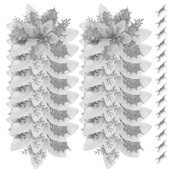 HAMPPLIES 16Pcs Silver Christmas Glitter Poinsettia Flowers for Wreath Decoration Reusable Lightweight Cloth Iron